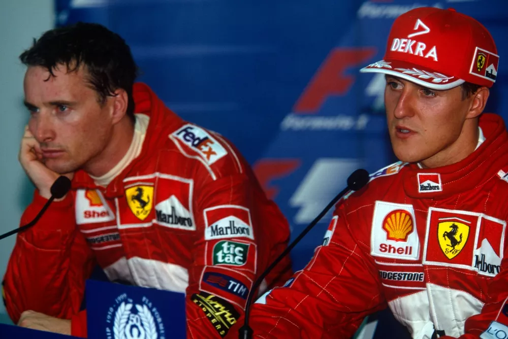 Ferrari team-mates Michael Schumacher and Eddie Irvine in a press conference after qualifying 1st and 2nd