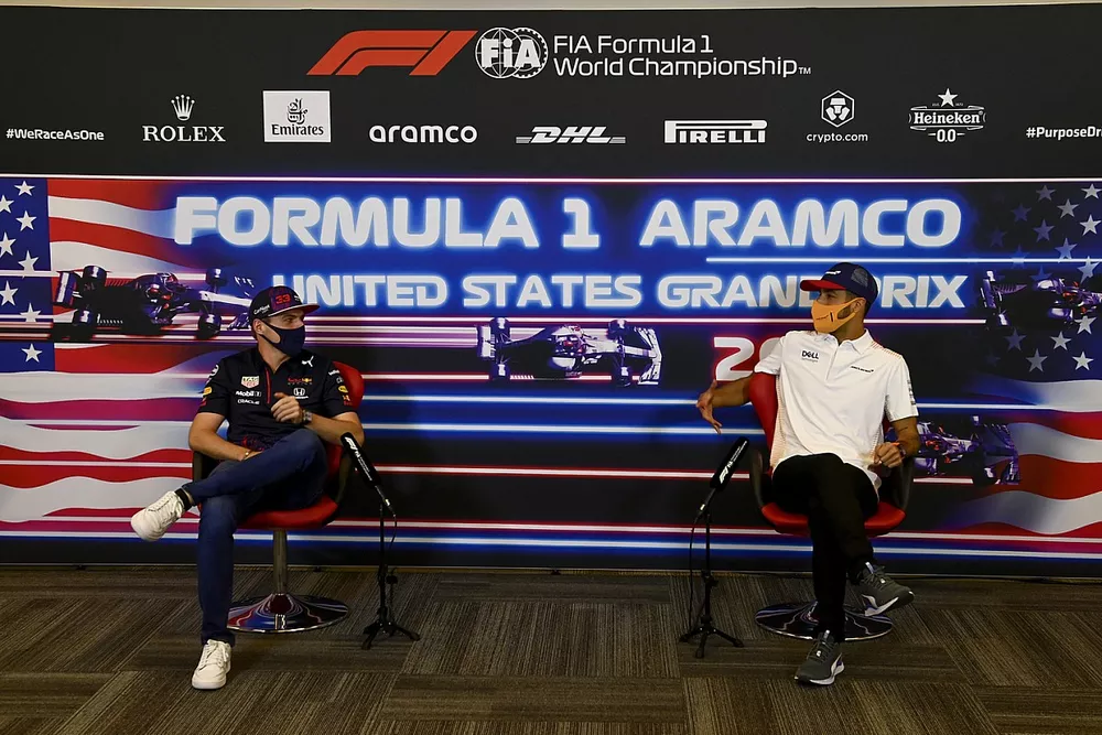 Max Verstappen, Red Bull Racing and Daniel Ricciardo, McLaren in the drivers press conference