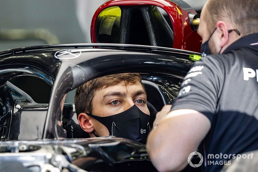 George Russell, Mercedes-AMG F1, sits in his car