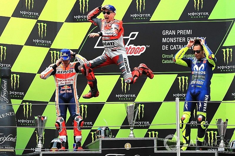 Podium: second place Marc Marquez, Repsol Honda Team, Race winner Jorge Lorenzo, Ducati Team, third place Valentino Rossi, Yamaha Factory Racing