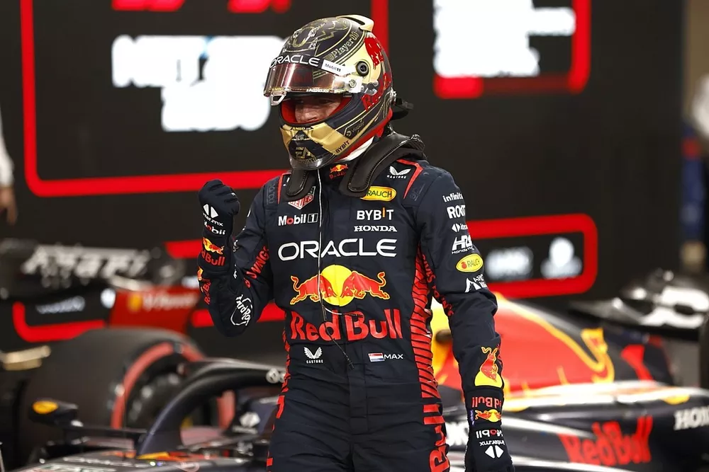 Pole man Max Verstappen, Red Bull Racing, arrives in Parc Ferme