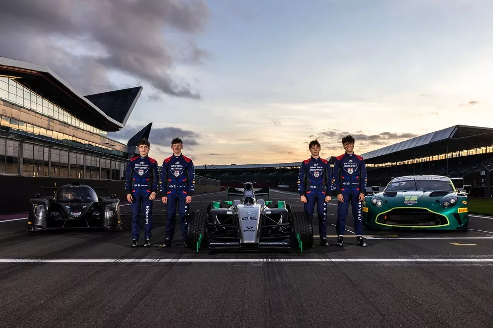 Silverstone Aston Martin Young Driver test, Deagan Fairclough, Freddie Slater, Louis Sharp and Arvid Lindblad pose with F2, Aston Martin and Ligier JSP320 LMP3 cars