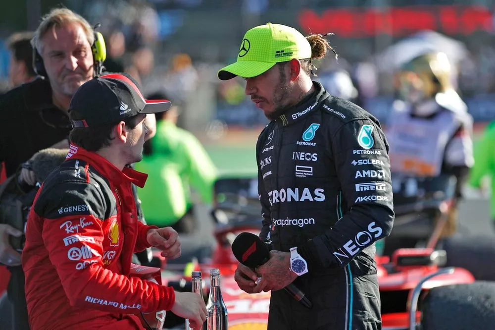 Charles Leclerc, Scuderia Ferrari, 3rd position, Lewis Hamilton, Mercedes-AMG, 2nd position, talk in Parc Ferme