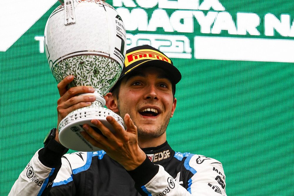 Esteban Ocon, Alpine F1, 1st position, with his trophy