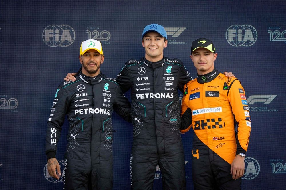 Top three Qualifiers Lewis Hamilton, Mercedes-AMG F1 Team, pole man George Russell, Mercedes-AMG F1 Team, Lando Norris, McLaren F1 Team