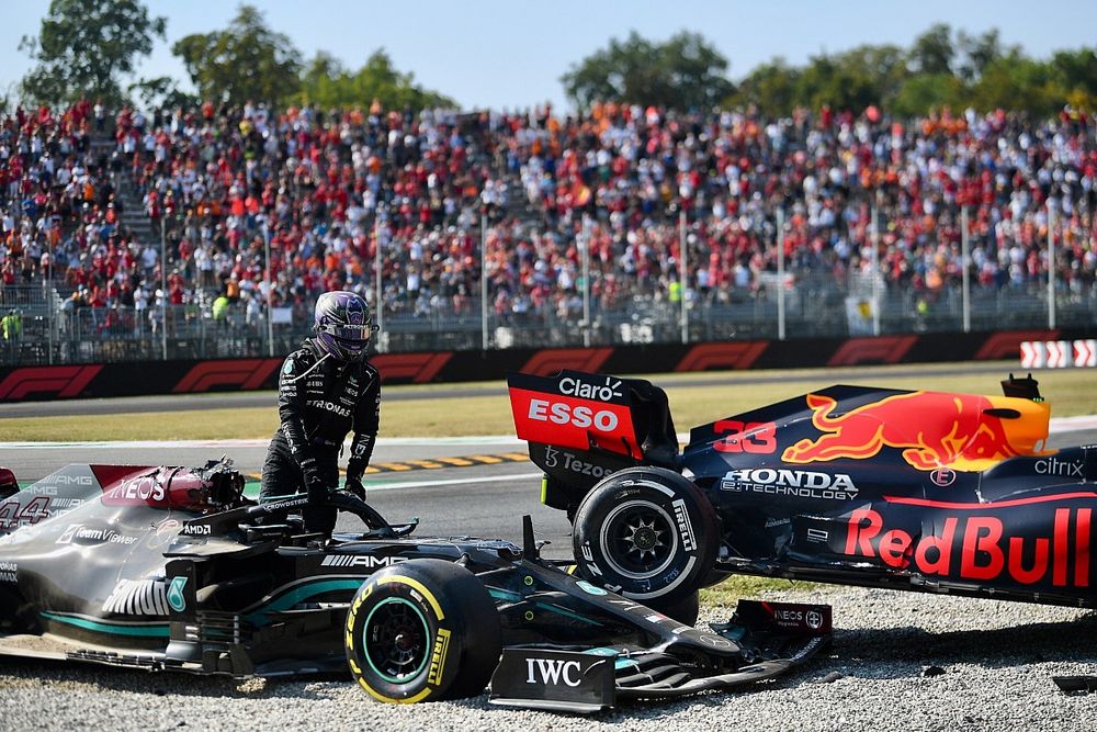 Lewis Hamilton, Mercedes, walks away from the scene of the accident