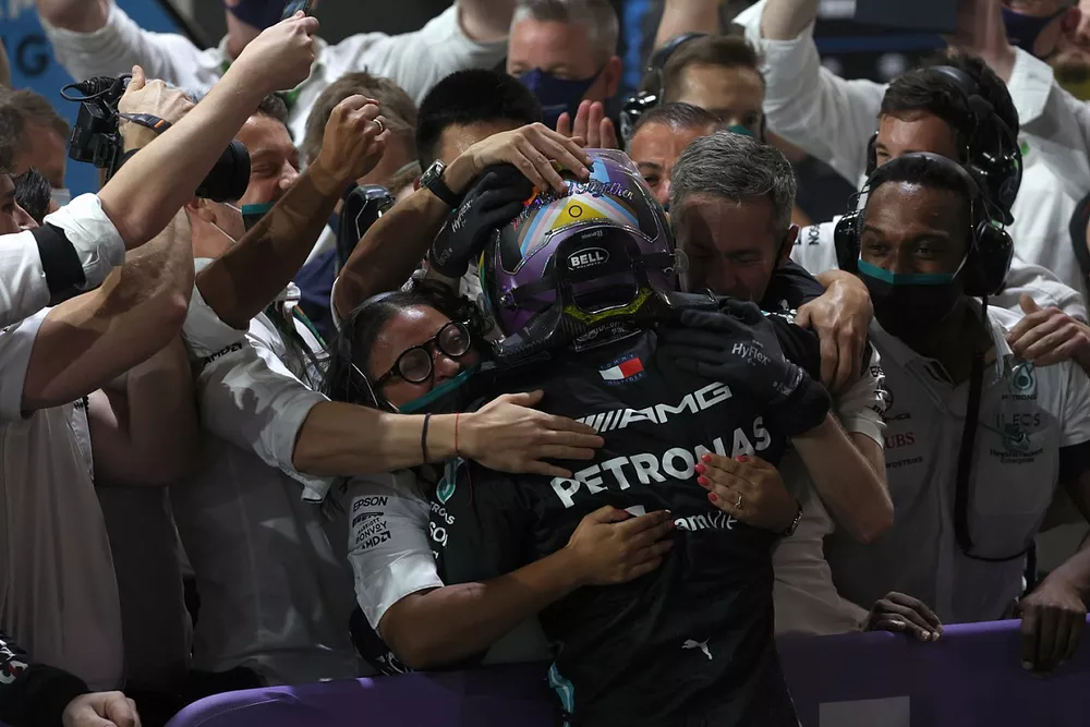 Lewis Hamilton, Mercedes, 1st position, celebrates in Parc Ferme