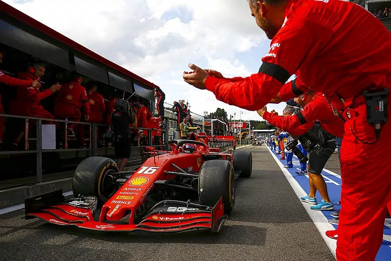 Winner Charles Leclerc, Ferrari, is congratulated by his team