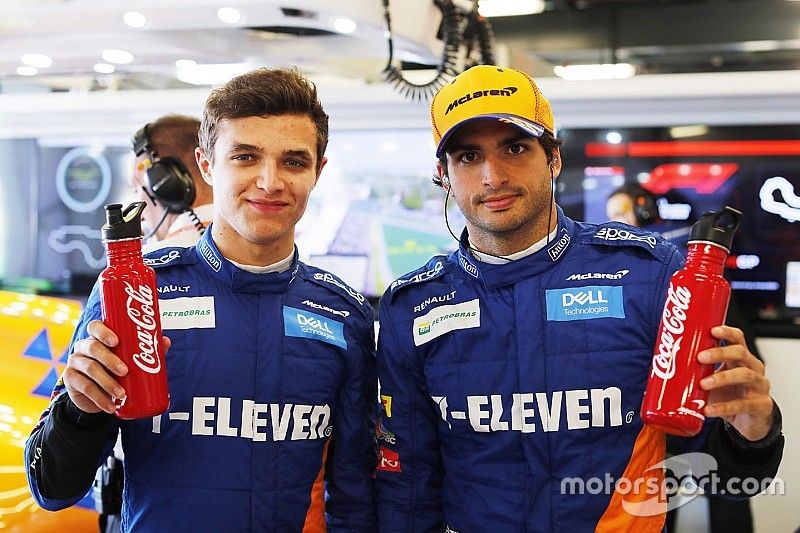 Lando Norris, McLaren, Carlos Sainz Jr., McLaren with Coca-Cola bottles