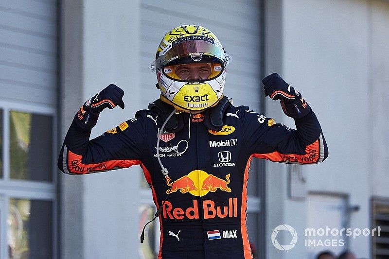 Race winner Max Verstappen, Red Bull Racing, celebrates in Parc Ferme