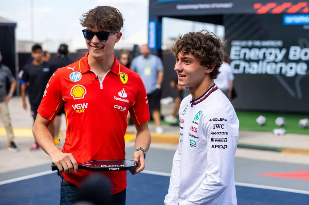Andrea Kimi Antonelli, Mercedes-AMG F1 Team, Oliver Bearman, Reserve Driver, Ferrari and Haas F1 Team, play pickleball in the Paddock
