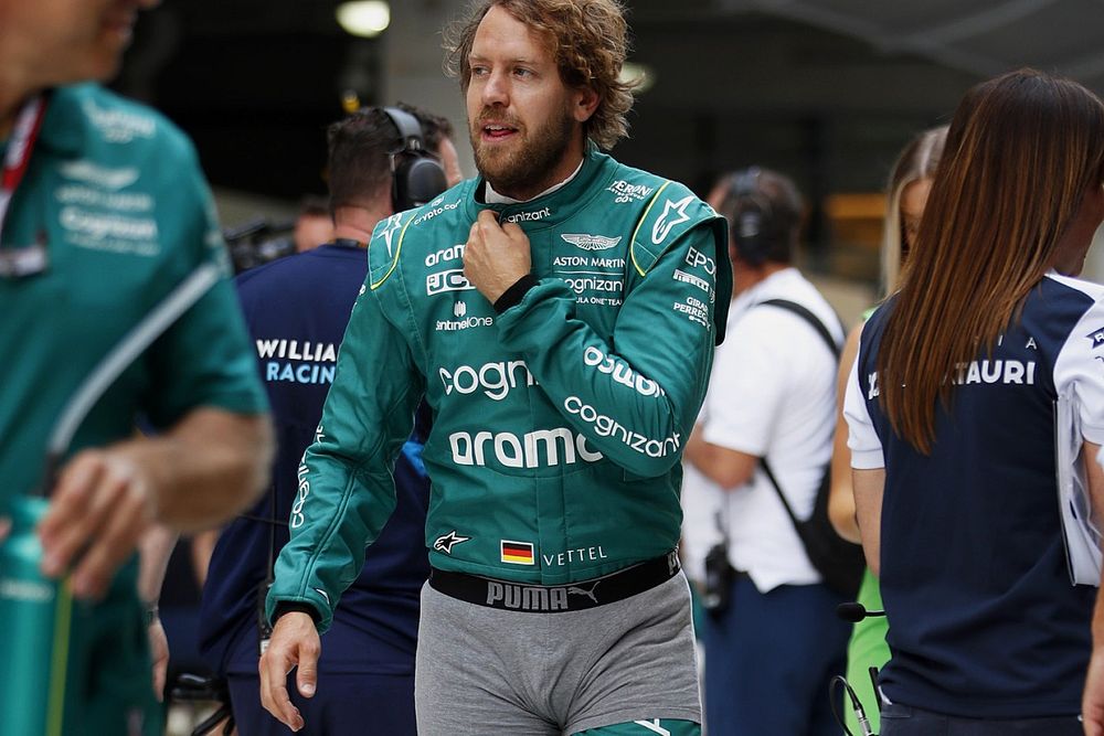 Sebastian Vettel, Aston Martin, with boxer shorts on the outside of his race suit
