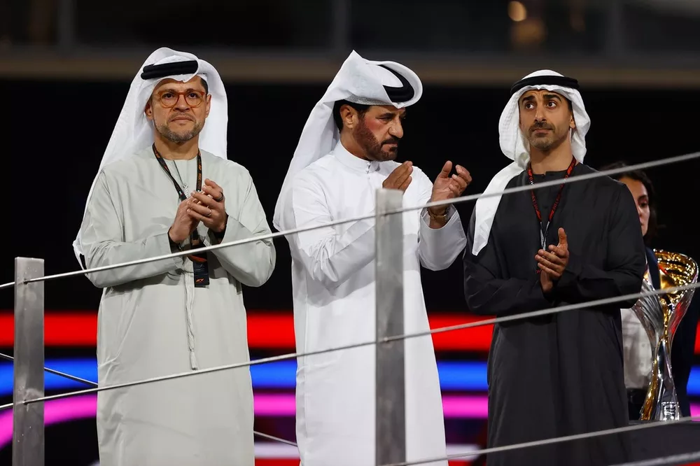 Mohammed Ben Sulayem, President, FIA, on the podium with dignitaries