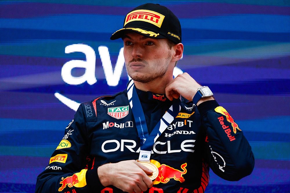 Max Verstappen, Red Bull Racing, 1st position, with his FIA medal