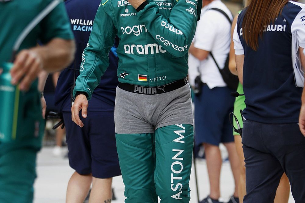 Sebastian Vettel, Aston Martin, with boxer shorts on the outside of his race suit