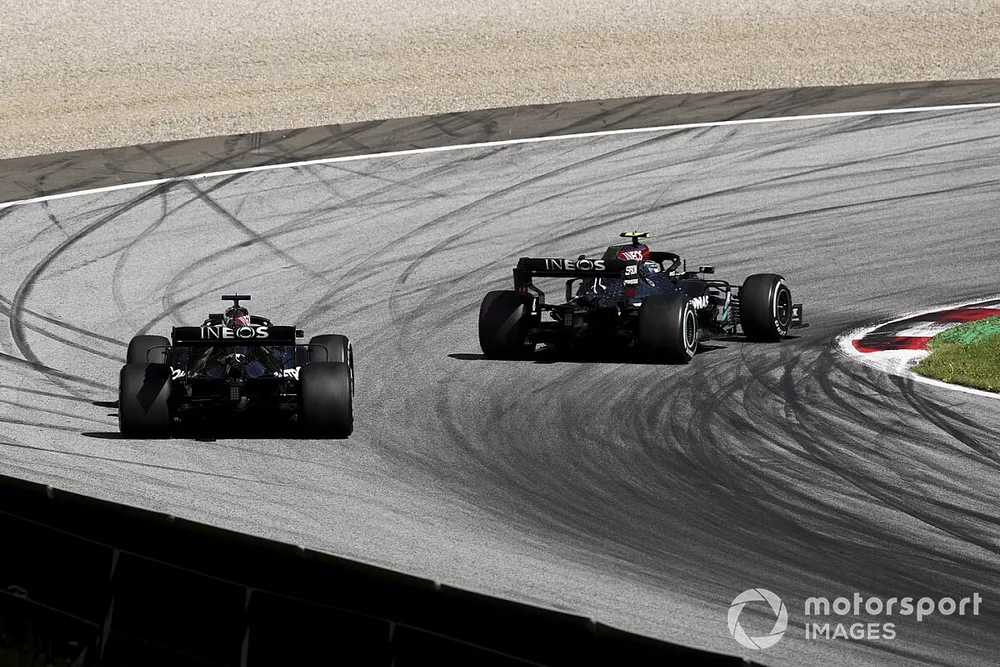 Valtteri Bottas, Mercedes F1 W11 EQ Performance, leads Lewis Hamilton, Mercedes F1 W11 EQ Performance
