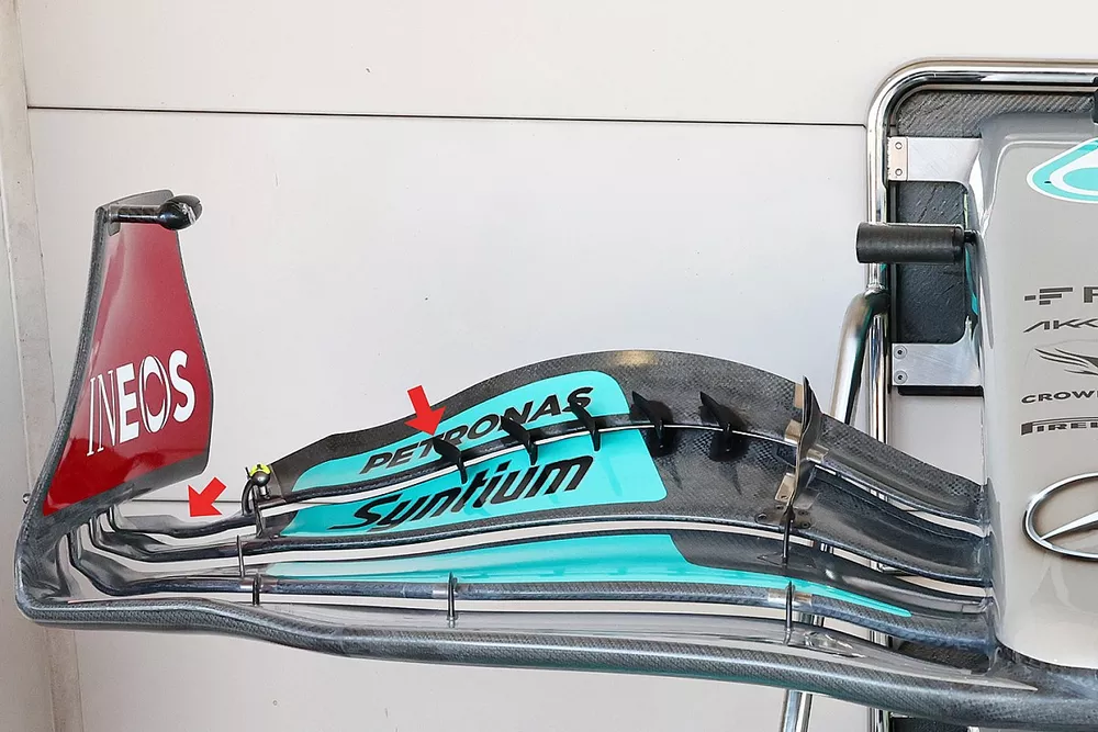 Mercedes W13 dettaglio dell'ala frontale