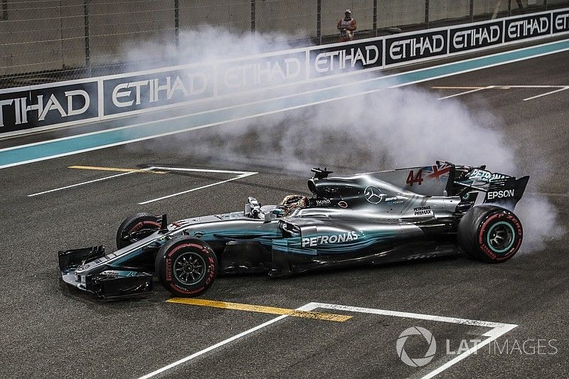 Lewis Hamilton, Mercedes-Benz F1 W08 performs donuts in parc ferme