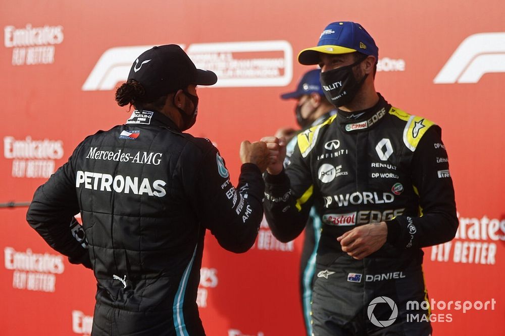 Lewis Hamilton, Mercedes-AMG F1, 1st position, and Daniel Ricciardo, Renault F1, 3rd position, congratulate each other