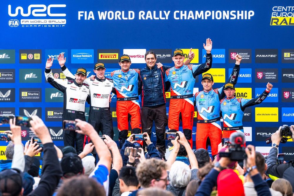 Podium: Winner Ott T&auml;nak, Martin J&auml;rveoja, Hyundai World Rally Team Hyundai i20 N Rally1, second place Elfyn Evans, Scott Martin, Toyota Gazoo Racing WRT Toyota GR Yaris Rally1, third place Thierry Neuville, Martijn Wydaeghe, Hyundai World Rally Team Hyundai i20 N Rally1