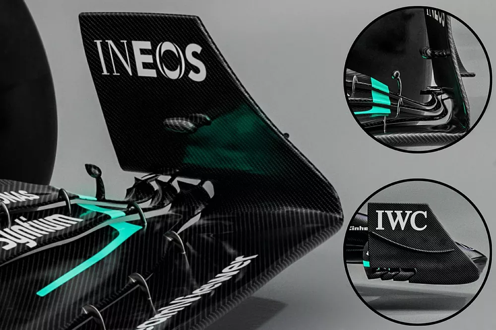 Detalle del aler&oacute;n delantero del Mercedes W14