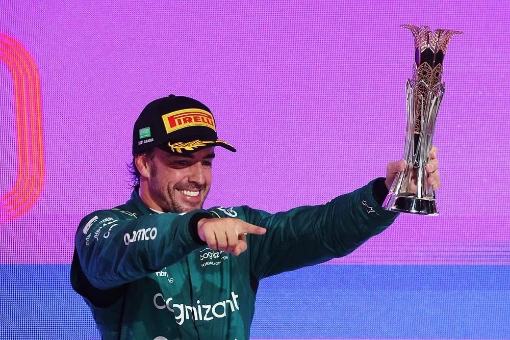 Fernando Alonso, Aston Martin F1 Team, provisionally 3rd position, with the trophy