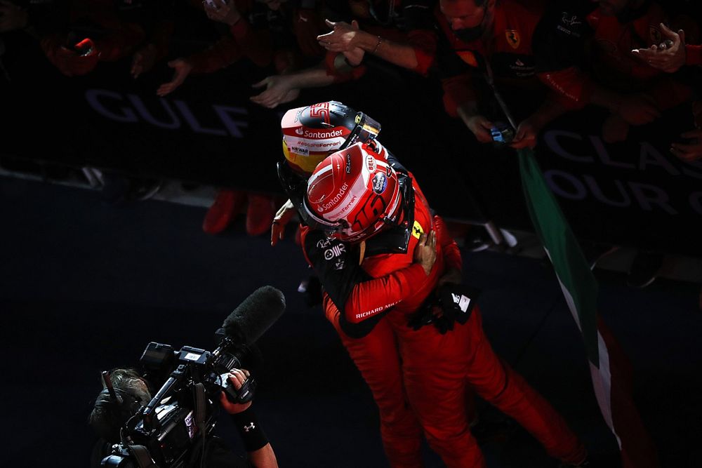 Charles Leclerc, Ferrari, 1st position, Carlos Sainz Jr., Ferrari, 2nd position, celebrate in Parc Ferme
