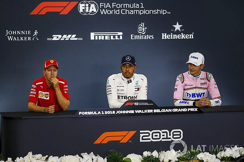 Sebastian Vettel, Ferrari SF71H, Lewis Hamilton, Mercedes AMG F1 and Esteban Ocon, Racing Point Force India F1 Team in press conference