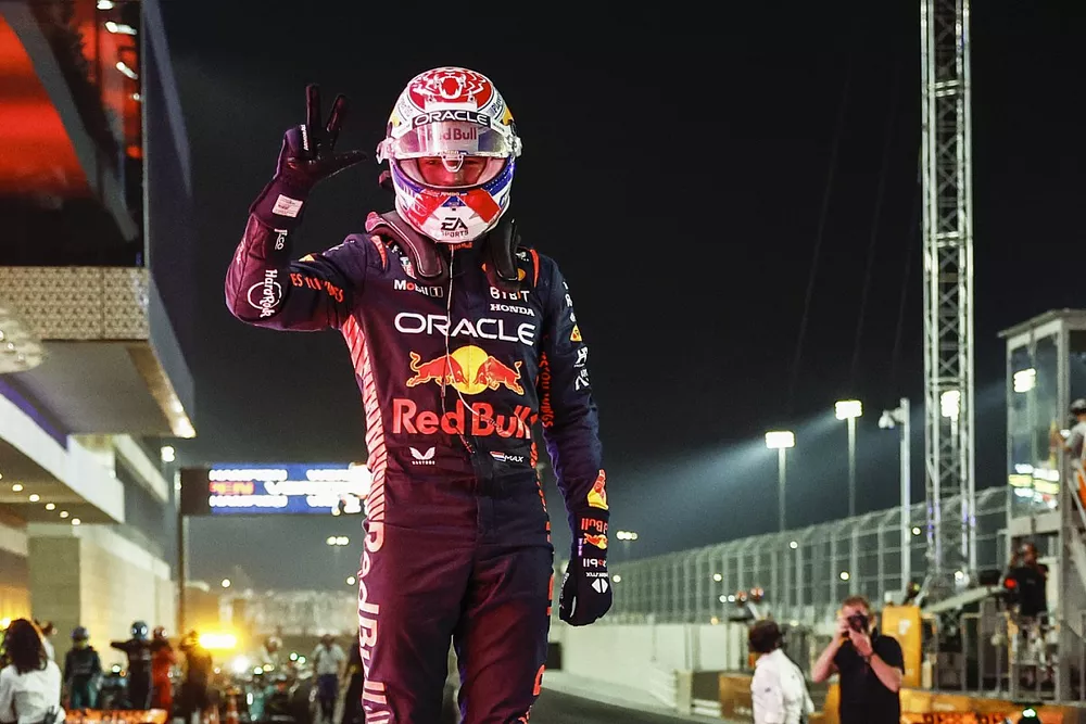 Max Verstappen, Red Bull Racing, 2nd position and 2023 drivers world champion, celebrates on arrival in Parc Ferme after the Sprint race