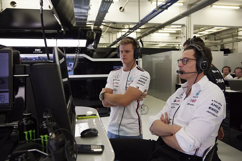 Mick Schumacher, Reserve Driver, Mercedes-AMG, with Toto Wolff, Team Principal and CEO, Mercedes-AMG 