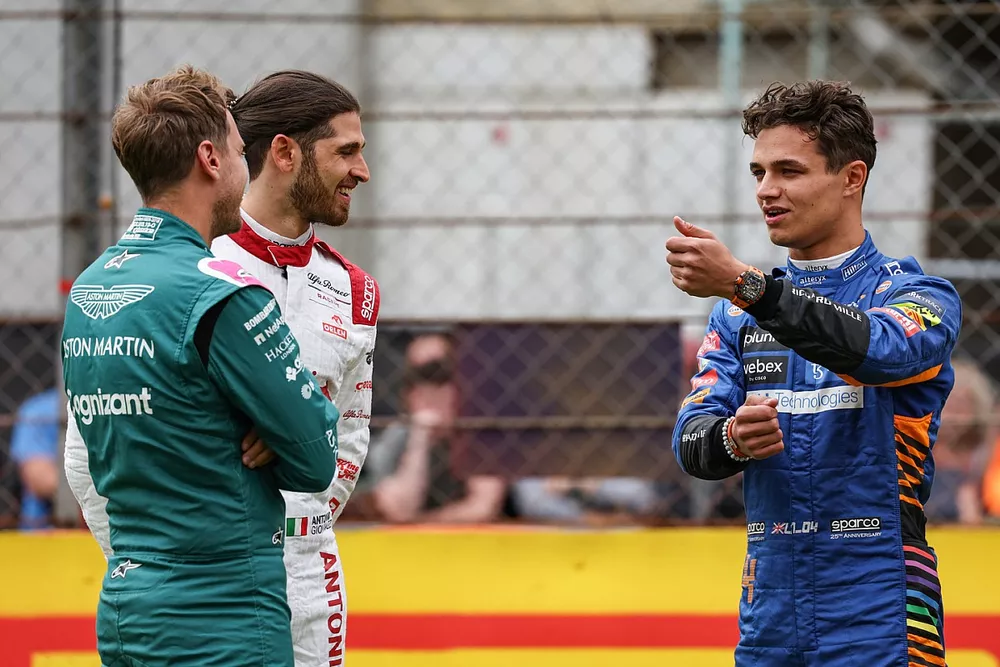 Sebastian Vettel, Aston Martin, Antonio Giovinazzi, Alfa Romeo Racing and Lando Norris, McLaren 