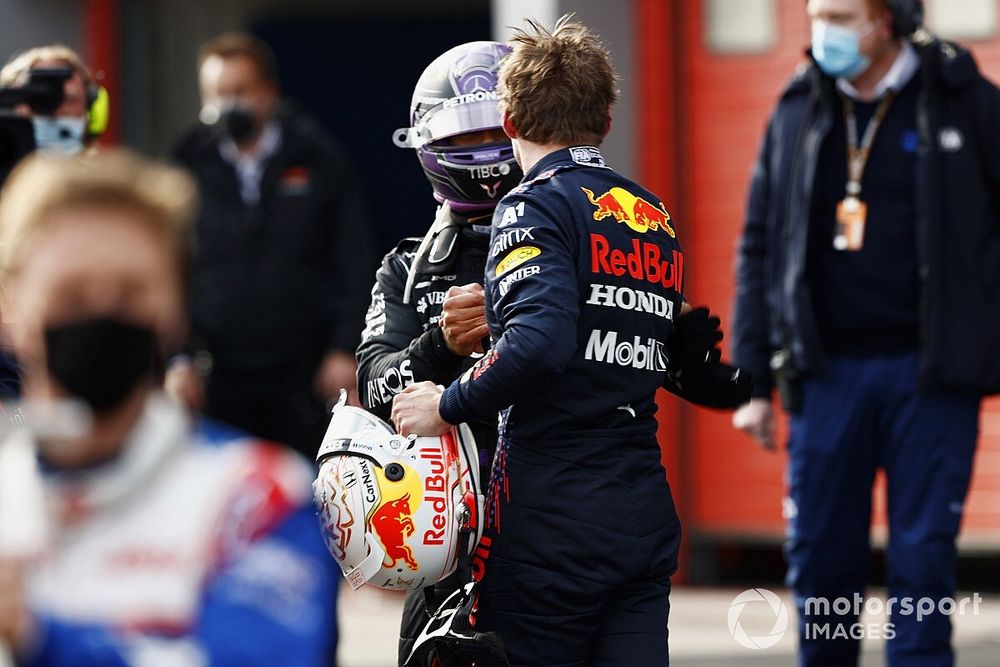 Lewis Hamilton, Mercedes, 2nd position, congratulates race winner Max Verstappen, Red Bull Racing