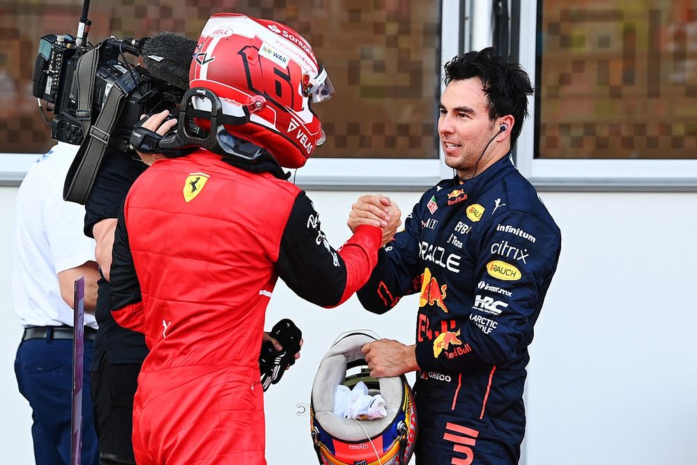 Pole man Charles Leclerc, Ferrari, Sergio Perez, Red Bull Racing, in Parc Ferme after Qualifying