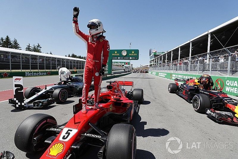 Pole sitter Sebastian Vettel, Ferrari SF71H celebrates in parc ferme