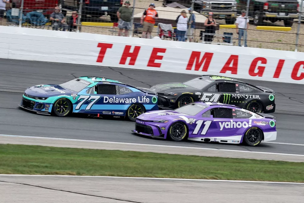 Carson Hocevar, No. 77 Spire Motorsports Chevrolet; Denny Hamlin, No. 11 Joe Gibbs Racing Toyota; Ty Gibbs, No. 54 Joe Gibbs Racing Toyota