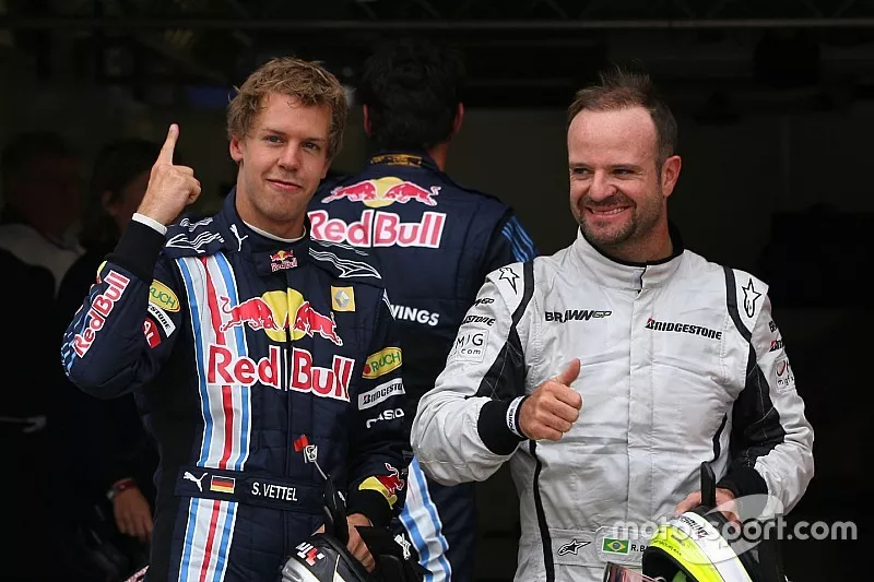 Pole winner Sebastian Vettel, Red Bull Racing, second place Rubens Barrichello, Brawn GP