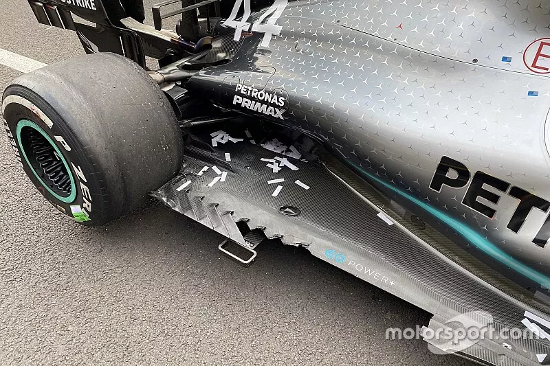 Damage of the floor at the car of Lewis Hamilton, Mercedes AMG F1 W10