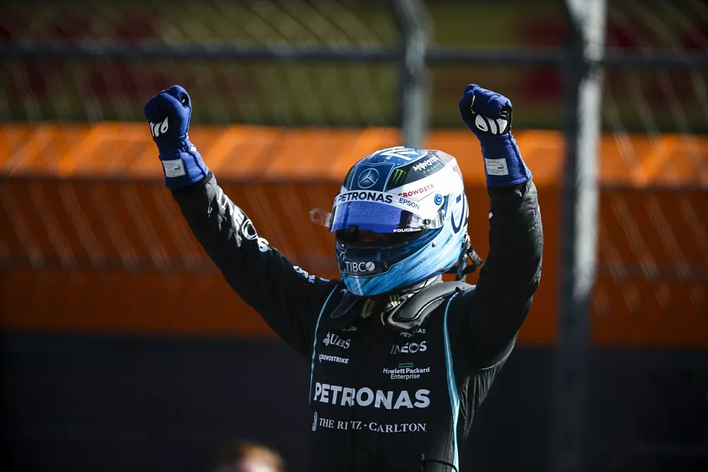 Pole man Valtteri Bottas, Mercedes, celebrates in Parc Ferme