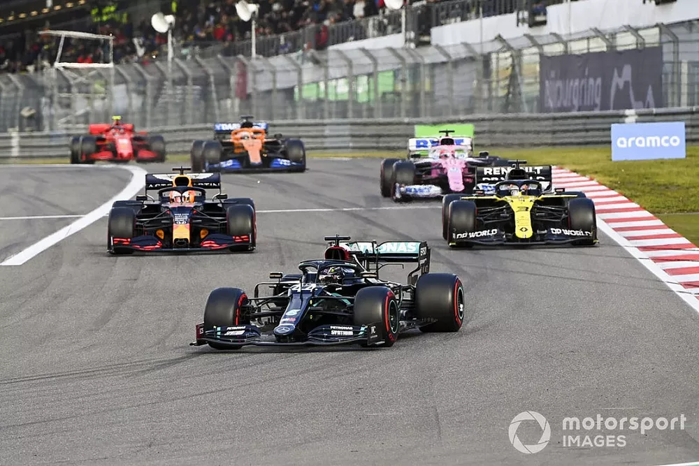 Lewis Hamilton, Mercedes F1 W11 Max Verstappen, Red Bull Racing RB16 and Daniel Ricciardo, Renault F1 Team R.S.20 