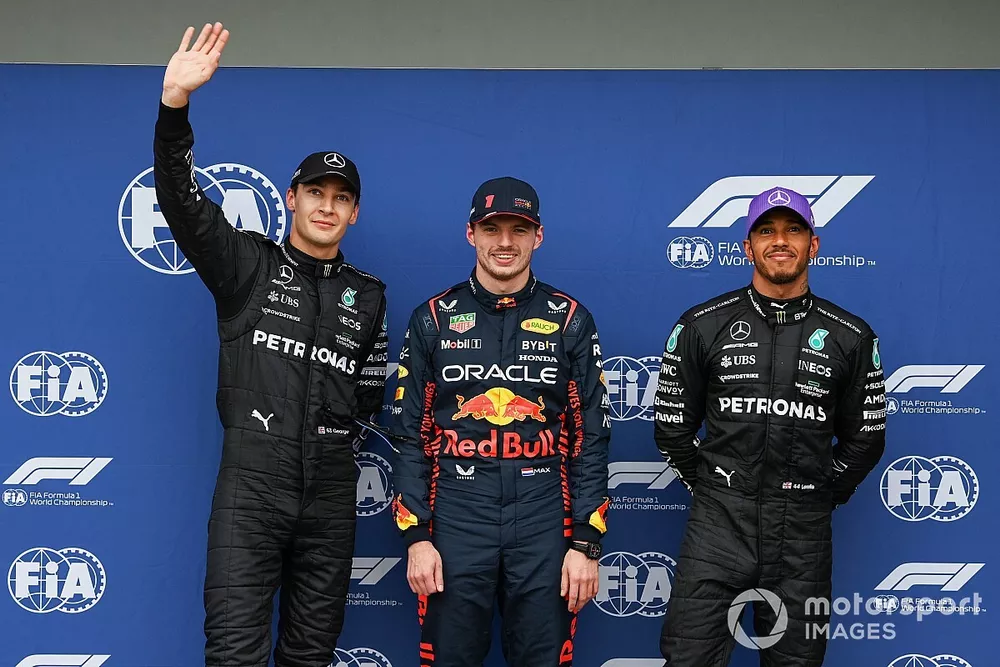 Top three Qualifiers George Russell, Mercedes-AMG, pole man Max Verstappen, Red Bull Racing, and Sir Lewis Hamilton, Mercedes-AMG