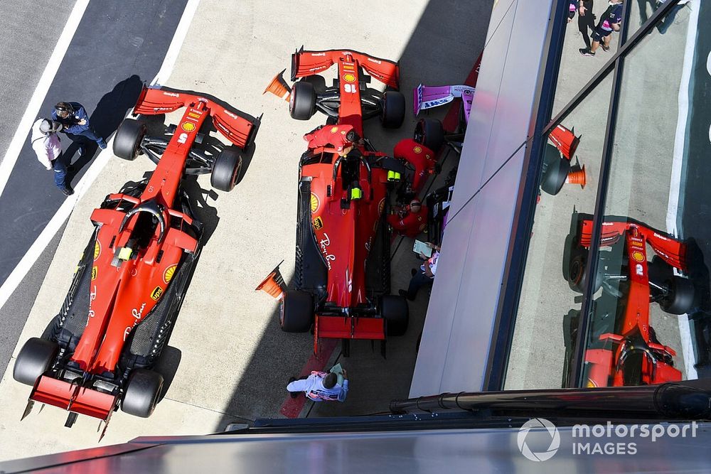 The cars of Sebastian Vettel, Ferrari SF1000, and Charles Leclerc, Ferrari SF1000, in Parc Ferme