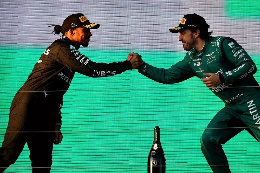 Lewis Hamilton, Mercedes-AMG, 2nd position, Fernando Alonso, Aston Martin F1 Team, 3rd position, congratulate each other on the podium