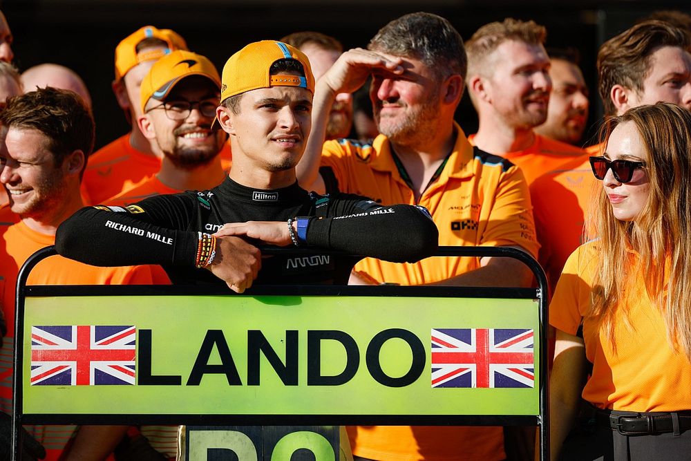 Lando Norris, McLaren, 2nd position, celebrates with his team after the race