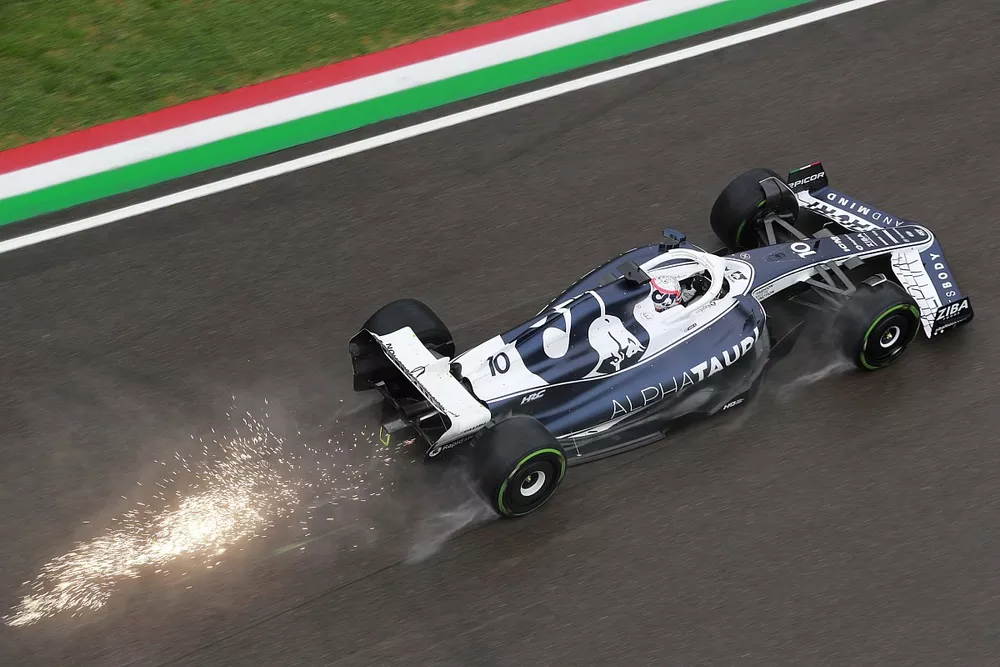 Sparks fly from Pierre Gasly, AlphaTauri AT03