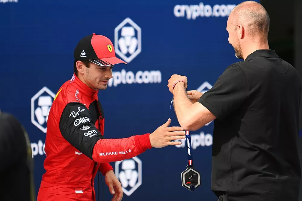 Charles Leclerc, Ferrari, 2nd position, receives his medal after the Sprint race