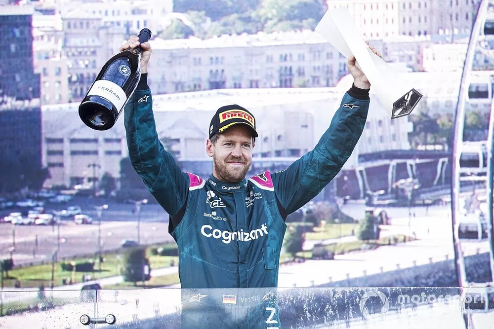 Sebastian Vettel, Aston Martin, 2nd position, celebrates on the podium