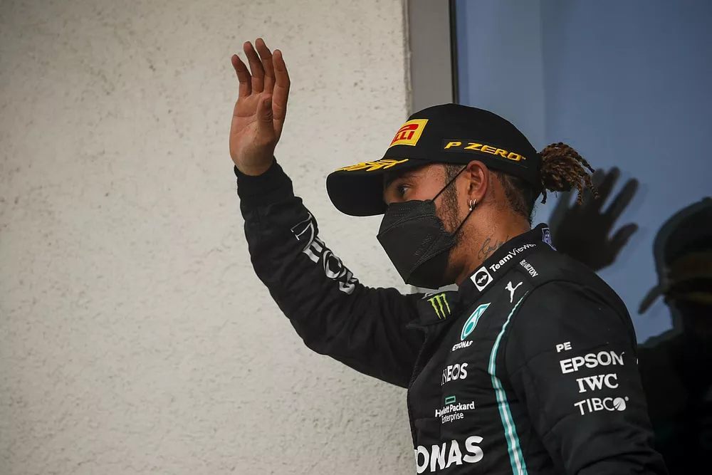 Lewis Hamilton, Mercedes, 3rd position, arrives on the podium