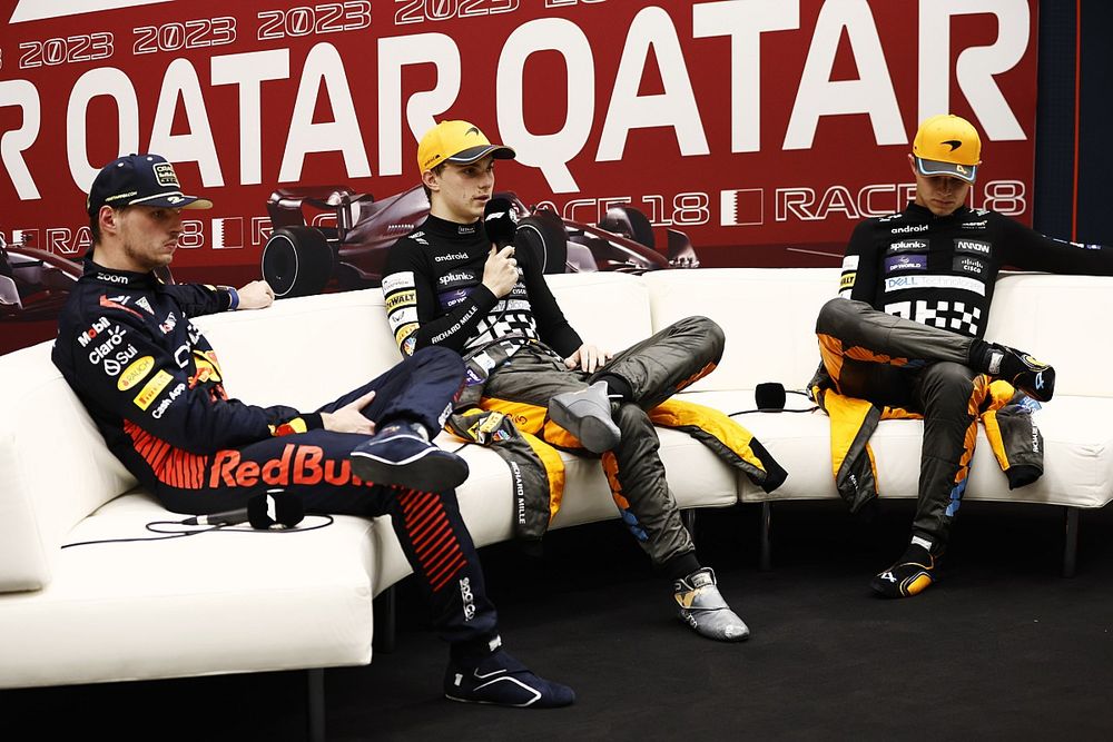 Max Verstappen, Red Bull Racing, 2nd position and 2023 world drivers champion, Oscar Piastri, McLaren, 1st position, Lando Norris, McLaren, 3rd position, in the post Sprint race Press Conference