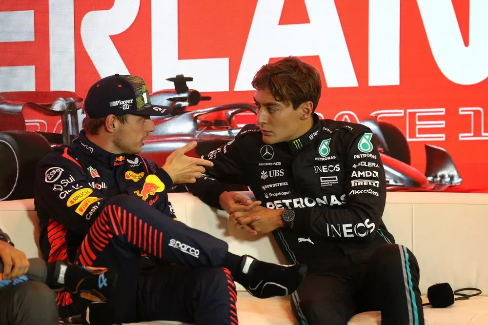 Pole man Max Verstappen, Red Bull Racing, George Russell, Mercedes-AMG, in the post Qualifying Press Conference