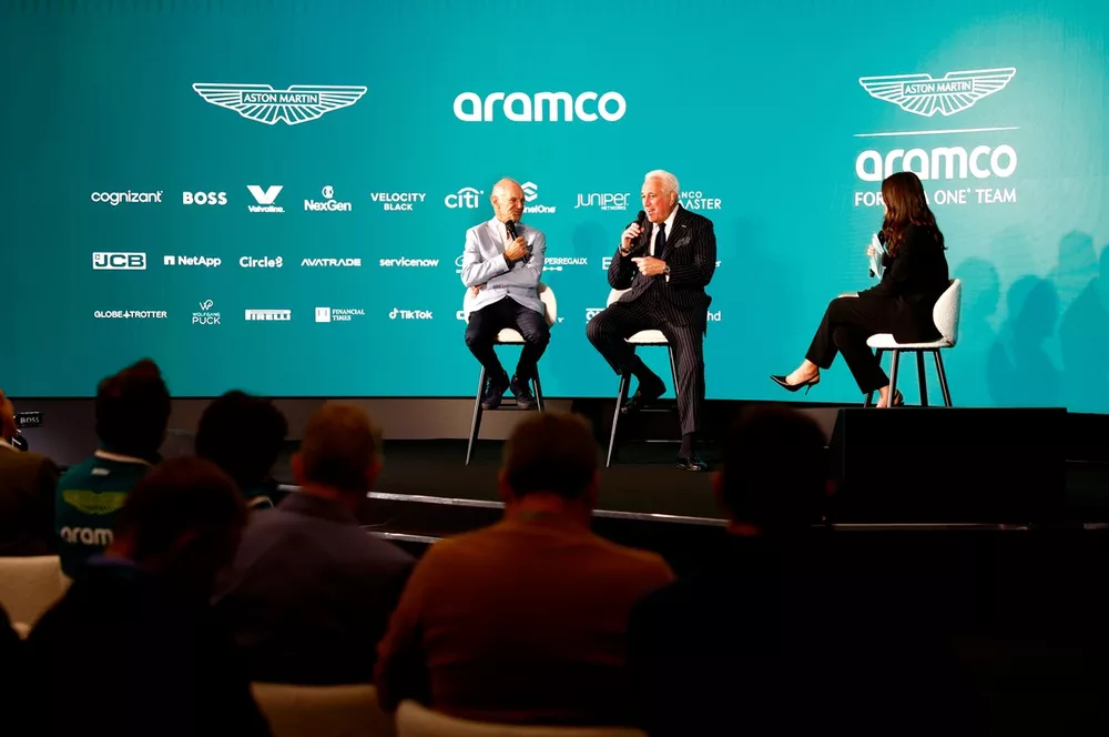 Adrian Newey, Managing Technical Partner, Aston Martin F1 Team and Lawrence Stroll, Owner, Aston Martin F1 Team onstage